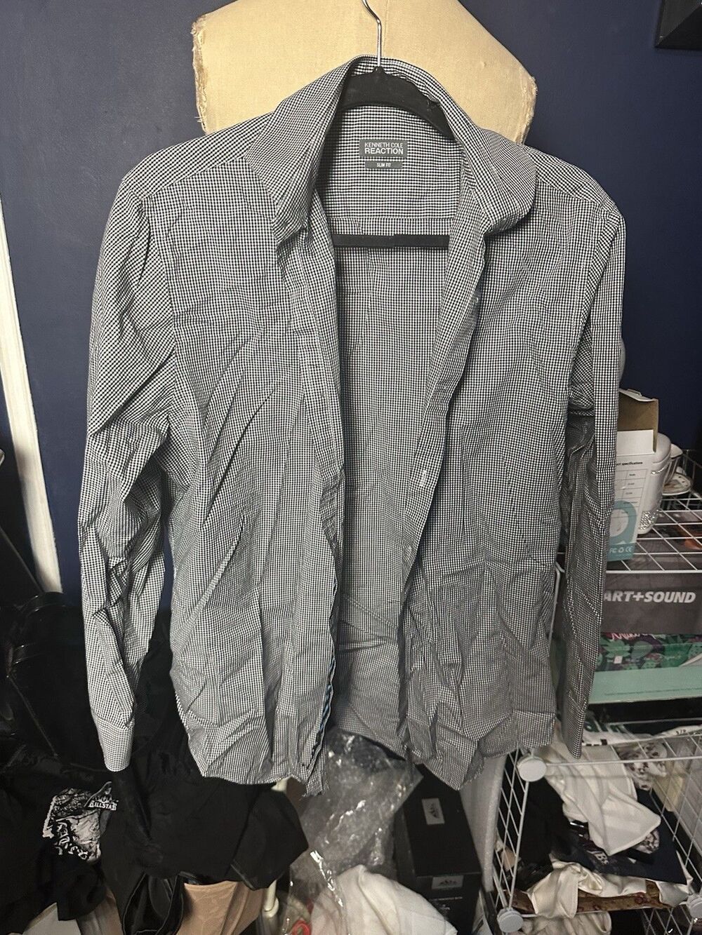 Kenneth Cole Reaction Slim Fit Men’s Dress Shirt 16 32-33 Long Sleeve Gingham